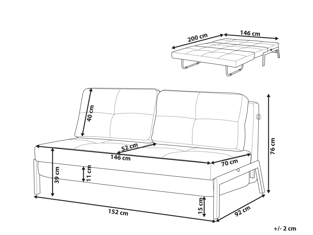 Edland Divano Letto 2 Posti in Tessuto - Nero Opaco, Design Comodo con Sconto Imperdibile