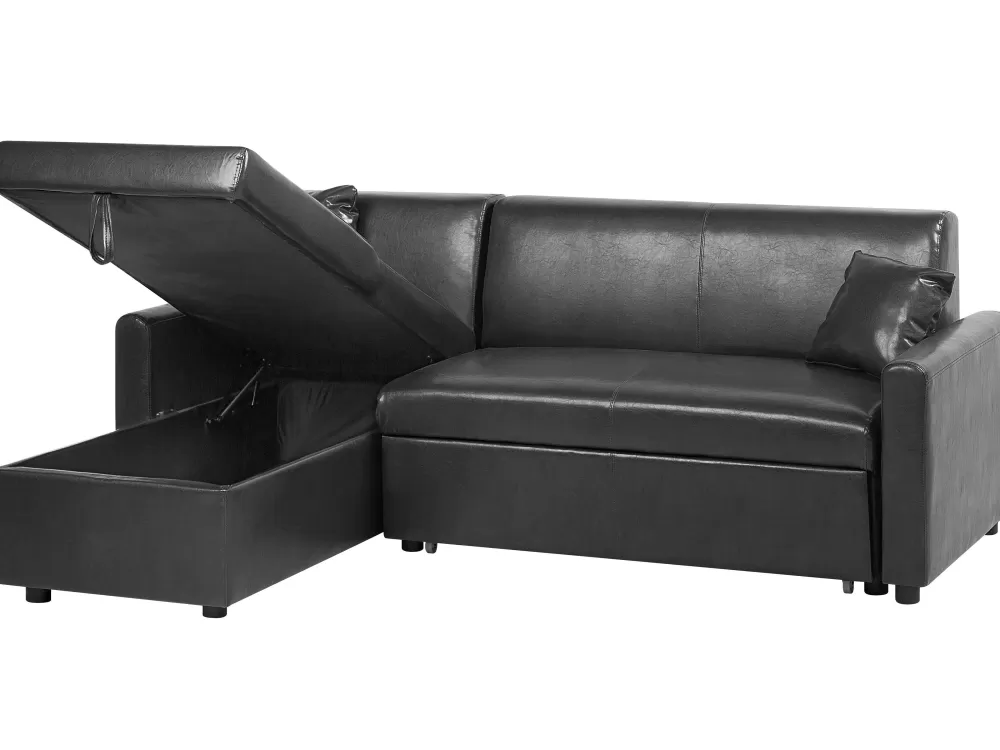 Divano Letto Angolare 3 Posti con Contenitore, Ecopelle - Design Moderno Orientabile a Destra, Colore Nero - Modello Ogna by Beliani