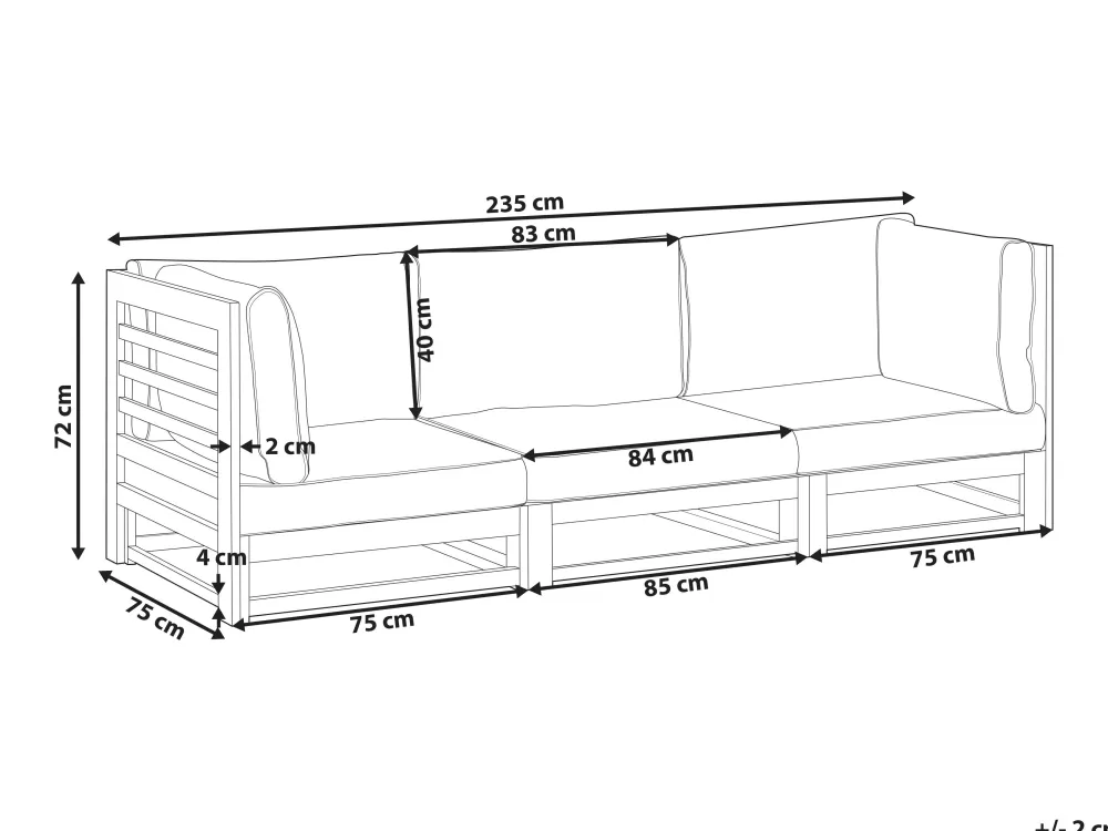 Divano da Giardino Beliani Trani in Legno di Acacia Certificato, 3 Posti Comodi con Rivestimento Marrone Mogano - Design Elegante per Esterni Durevoli