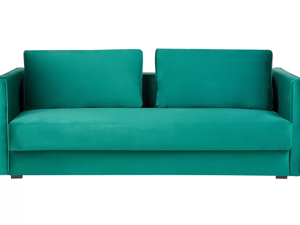 Sofà letto Beliani Eksjo 3 posti in velluto smeraldo con vano contenitore integrato - design confortevole e pratico