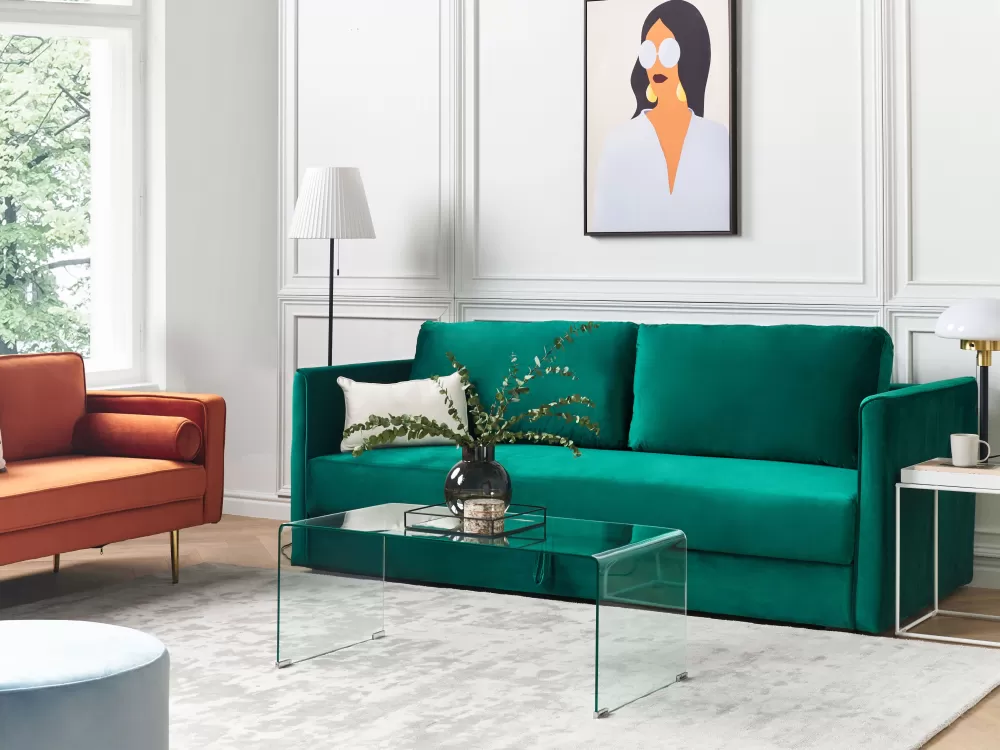 Sofà letto Beliani Eksjo 3 posti in velluto smeraldo con vano contenitore integrato - design confortevole e pratico