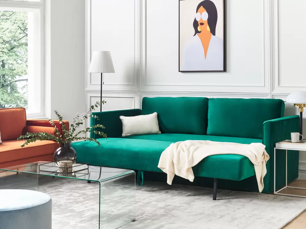 Sofà letto Beliani Eksjo 3 posti in velluto smeraldo con vano contenitore integrato - design confortevole e pratico