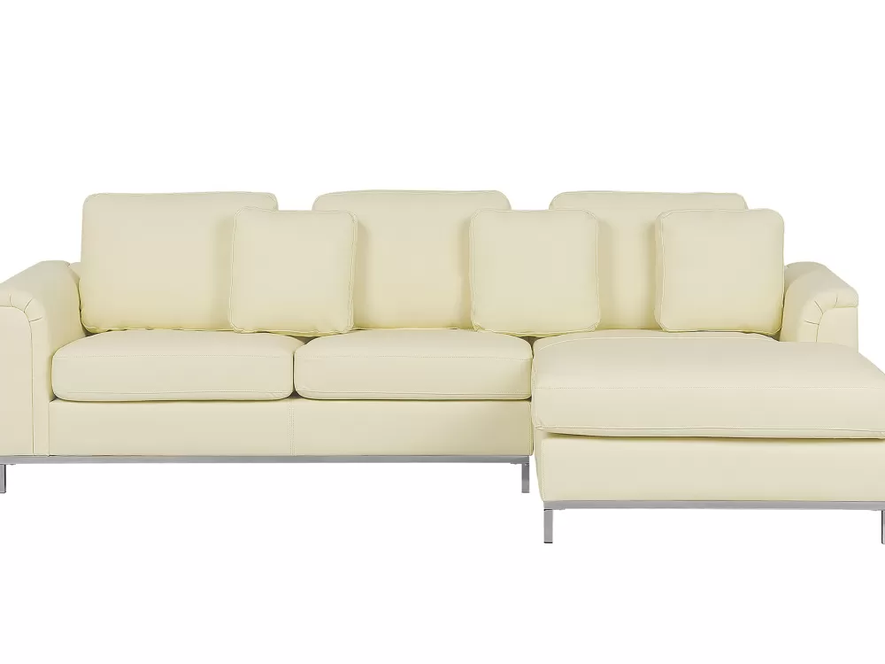 Beliani Divano Angolare in Pelle Elegante per 4 Posti, Design Moderno Oslo, Colore Bianco Crema - Configurazione Angolo Sinistro