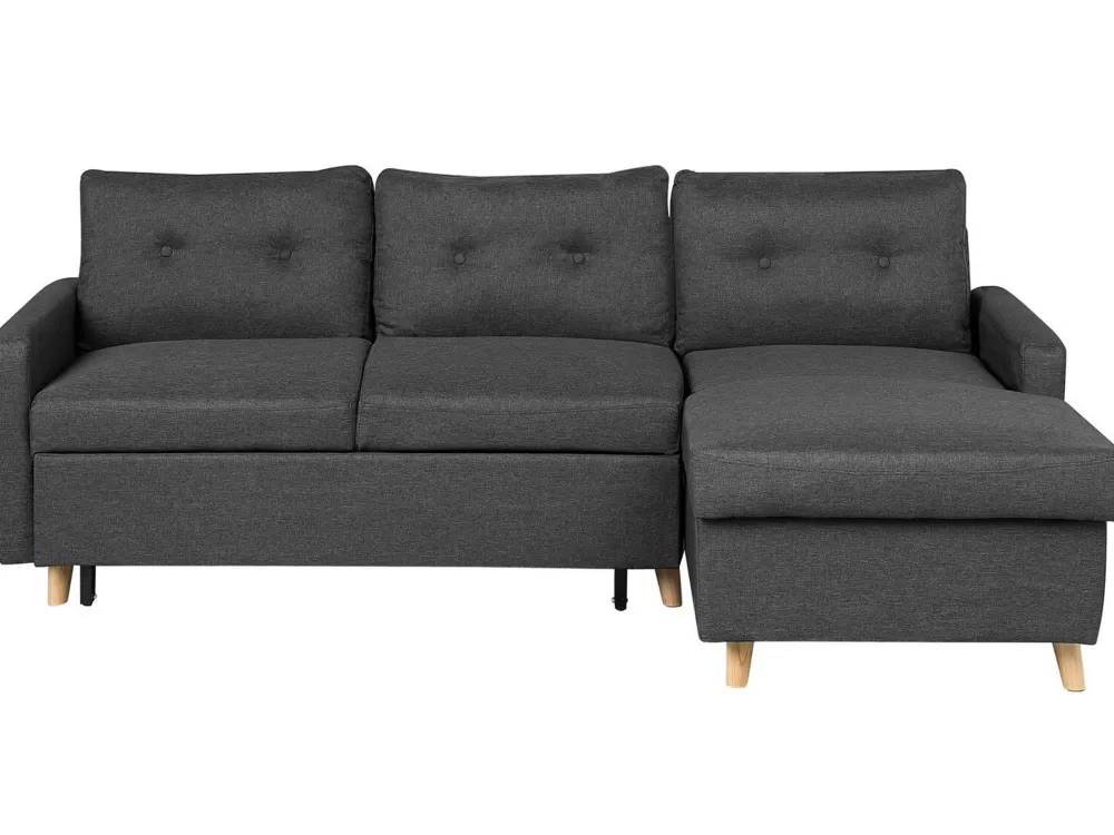 Divano letto angolare Beliani con vano contenitore integrato - 4 posti, lato sinistro, elegante grigio antracite - Design funzionale e spazio intelligente