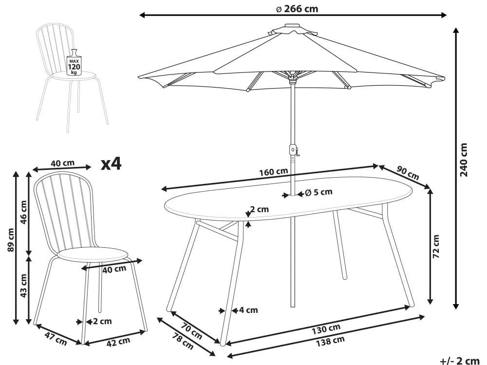 Set da Esterno Beliani Calvi - Tavolo con 4 Posti, Ombrellone Integrato e Struttura in Acciaio Color Blu Cielo, Ideale per Giardino o Terrazza