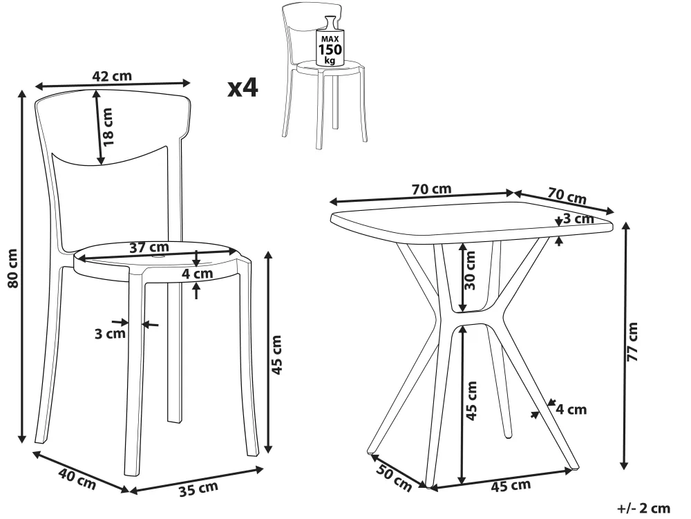 Beliani Set da Pranzo Esterno con 4 Posti, Poltroncine in Plastica Resistente - Design Moderno Turchese e Bianco, Linea Sersale/Vieste per Giardino o Terrazza