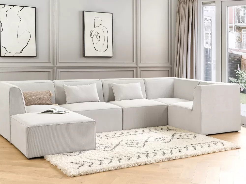 Divano Angolare Elegante da 5 Posti con Vano Portaoggetti, Design Moderno in Bianco Naturale – Lemvig per Soggiorno Sinistro