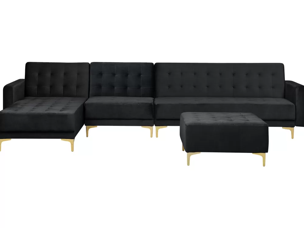 Divano angolare in velluto Aberdeen 5 posti - design moderno con struttura imbottita, elegante rivestimento nero e configurazione modulare per soggiorni contemporanei