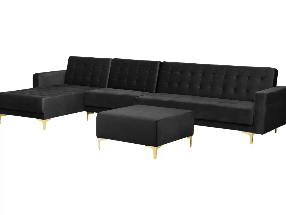 Divano angolare in velluto Aberdeen 5 posti - design moderno con struttura imbottita, elegante rivestimento nero e configurazione modulare per soggiorni contemporanei