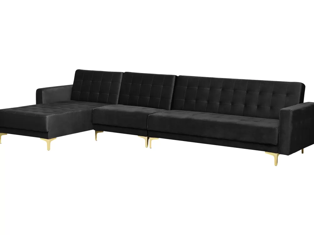 Divano angolare in velluto Aberdeen 5 posti - design moderno con struttura imbottita, elegante rivestimento nero e configurazione modulare per soggiorni contemporanei