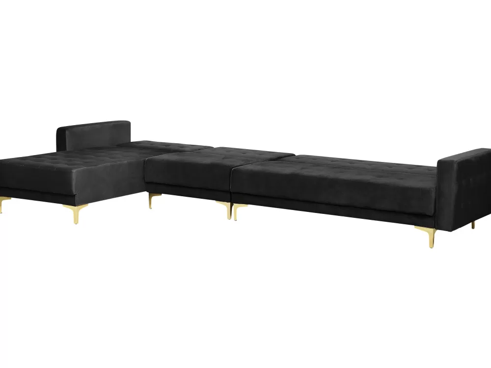 Divano angolare in velluto Aberdeen 5 posti - design moderno con struttura imbottita, elegante rivestimento nero e configurazione modulare per soggiorni contemporanei