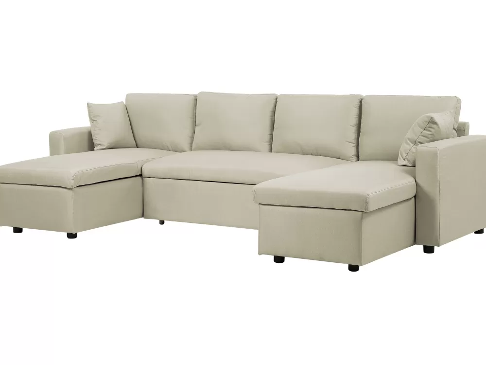 Divano Letto Angolare Beliani con Vanità - 5 Posti in Tessuto Sabbia, Design Funzionale con Ampio Ripostiglio Integrato