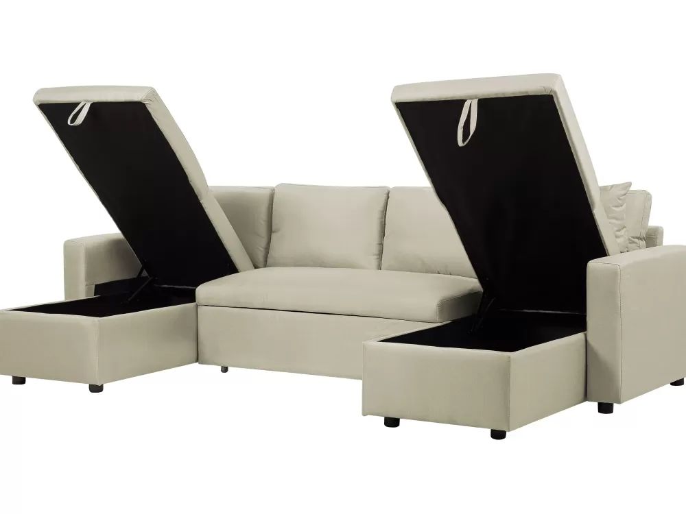 Divano Letto Angolare Beliani con Vanità - 5 Posti in Tessuto Sabbia, Design Funzionale con Ampio Ripostiglio Integrato