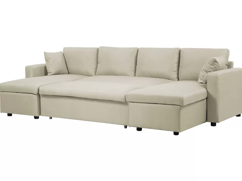 Divano Letto Angolare Beliani con Vanità - 5 Posti in Tessuto Sabbia, Design Funzionale con Ampio Ripostiglio Integrato