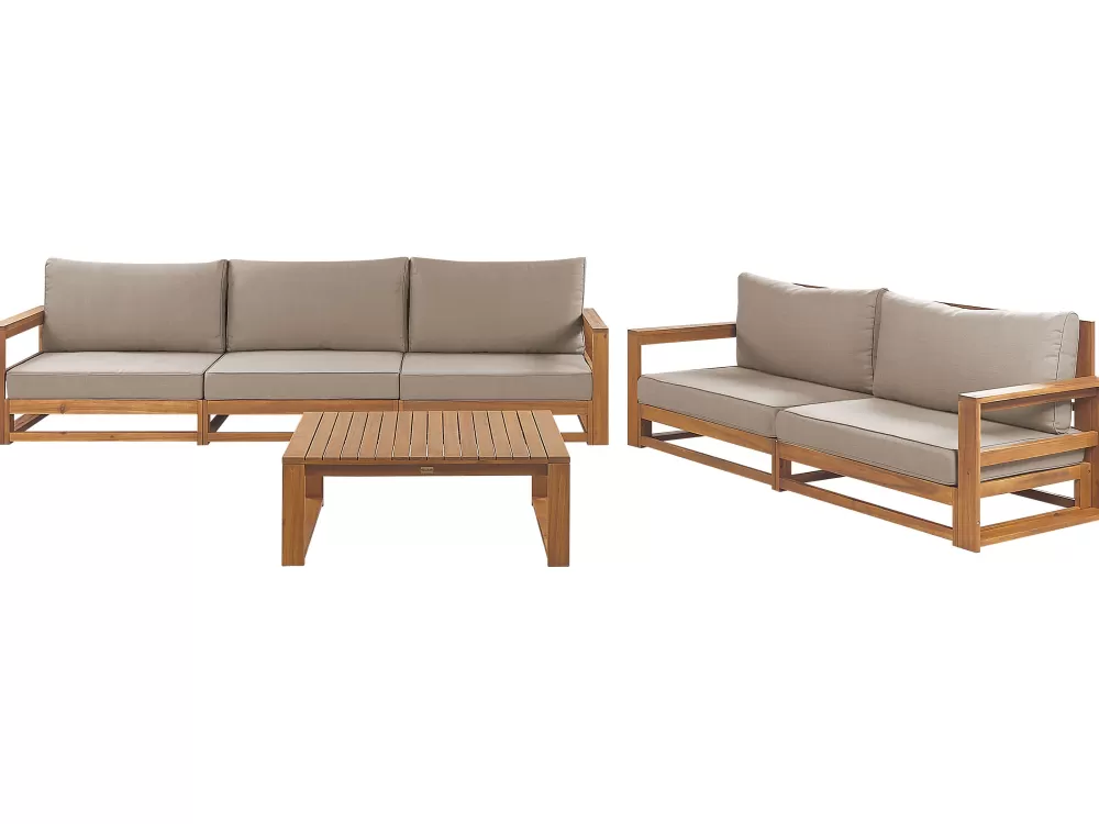 Divano da esterno in acacia chiara Timor II - Set elegante 5 posti con rivestimento resistente per giardino

(：，。