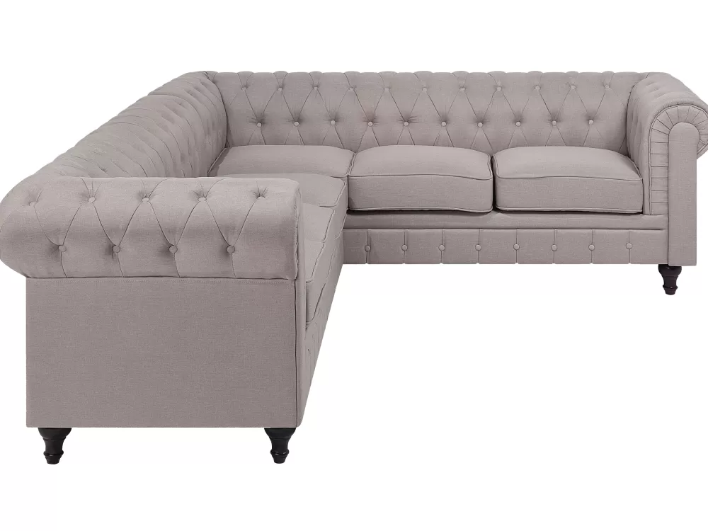 Elegante divano angolare in tessuto beige stile Chesterfield, 6 posti con bracciolo sinistro - Saldo Beliani