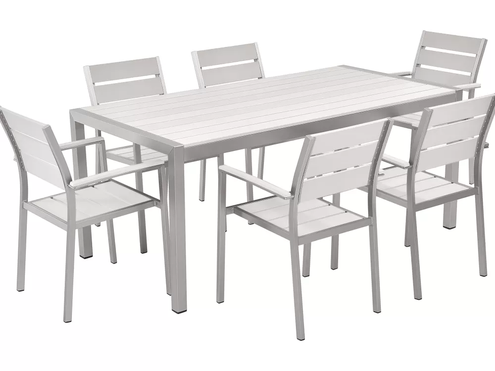 Set da esterno Beliani per 6 persone - Tavolo in alluminio bianco con sedute integrate, design resistente e stile moderno (serie Vernio)