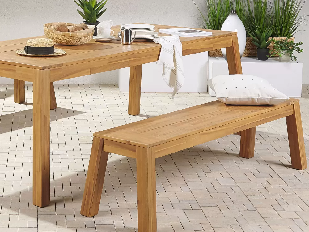 Set da Pranzo Estivo Beliani in Legno di Acacia Chiaro - Componibile con Panche e Sedie per 6 Persone, Design Livorno per Giardino Elegante e Confortevole