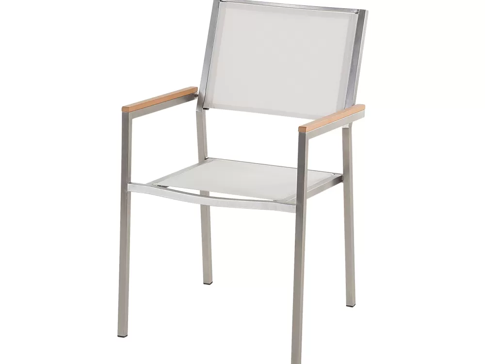 Beliani Collezione Grosseto - Elegante Set da Esterno 3 Pezzi con Piano in Granito e Sedie in Tessuto, Bianco e Nero, Ideale per 8 Persone, Design Moderno e Durevole per Pranzi all'Aperto

，，