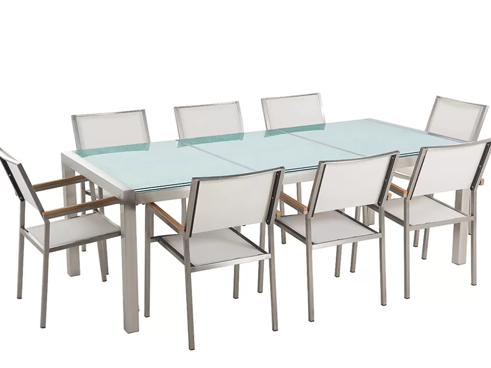 Beliani Set da Esterno Elegante con Tavolo in Vetro e Sedie in Tessuto - 8 Posti, 3 Elementi, Bianco - Collezione Grosseto