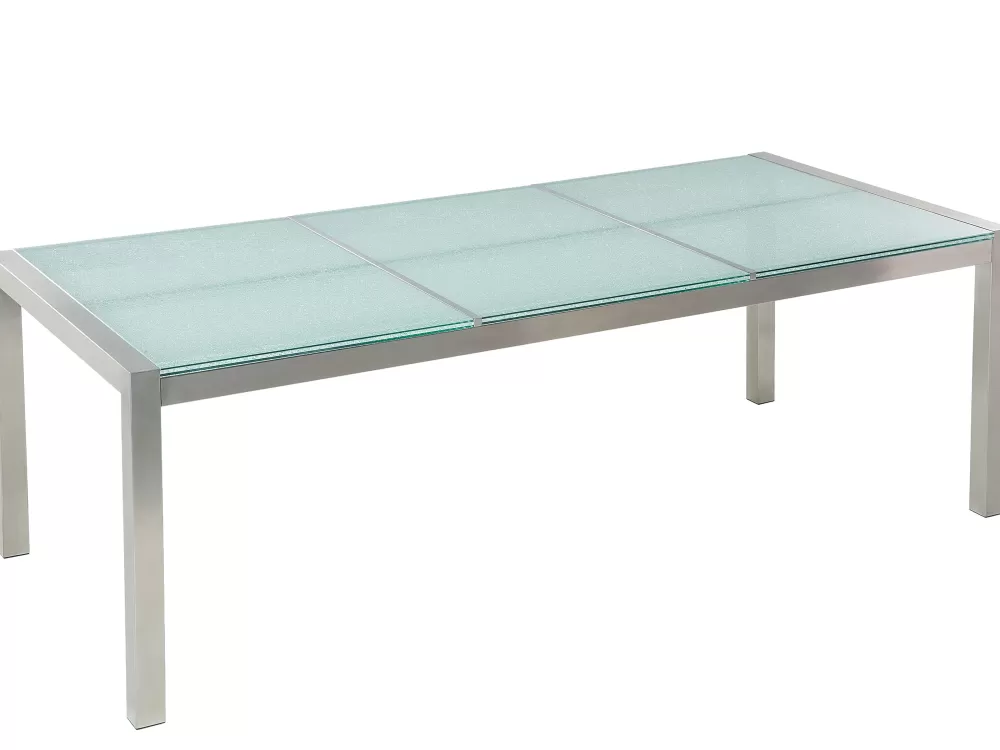 Beliani Set da Esterno Elegante con Tavolo in Vetro e Sedie in Tessuto - 8 Posti, 3 Elementi, Bianco - Collezione Grosseto