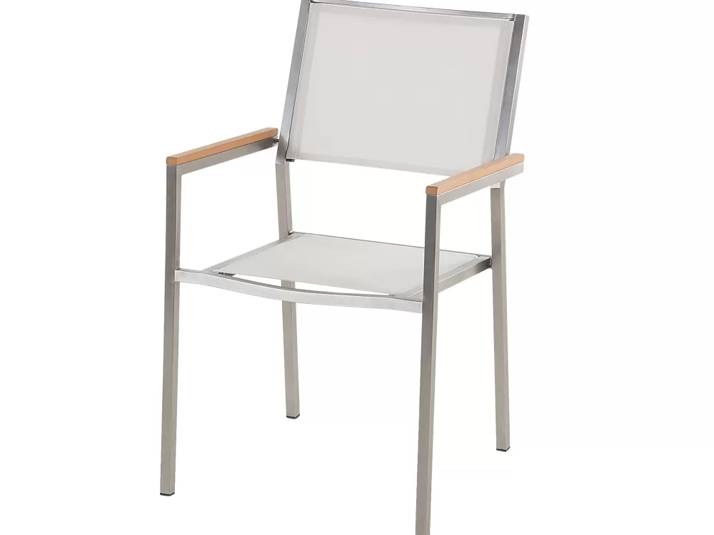 Beliani Set da Esterno Elegante con Tavolo in Vetro e Sedie in Tessuto - 8 Posti, 3 Elementi, Bianco - Collezione Grosseto
