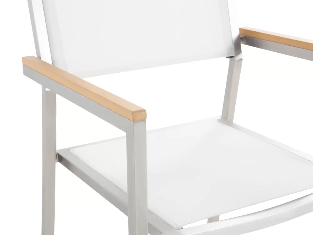 Beliani Set da Esterno Elegante con Tavolo in Vetro e Sedie in Tessuto - 8 Posti, 3 Elementi, Bianco - Collezione Grosseto