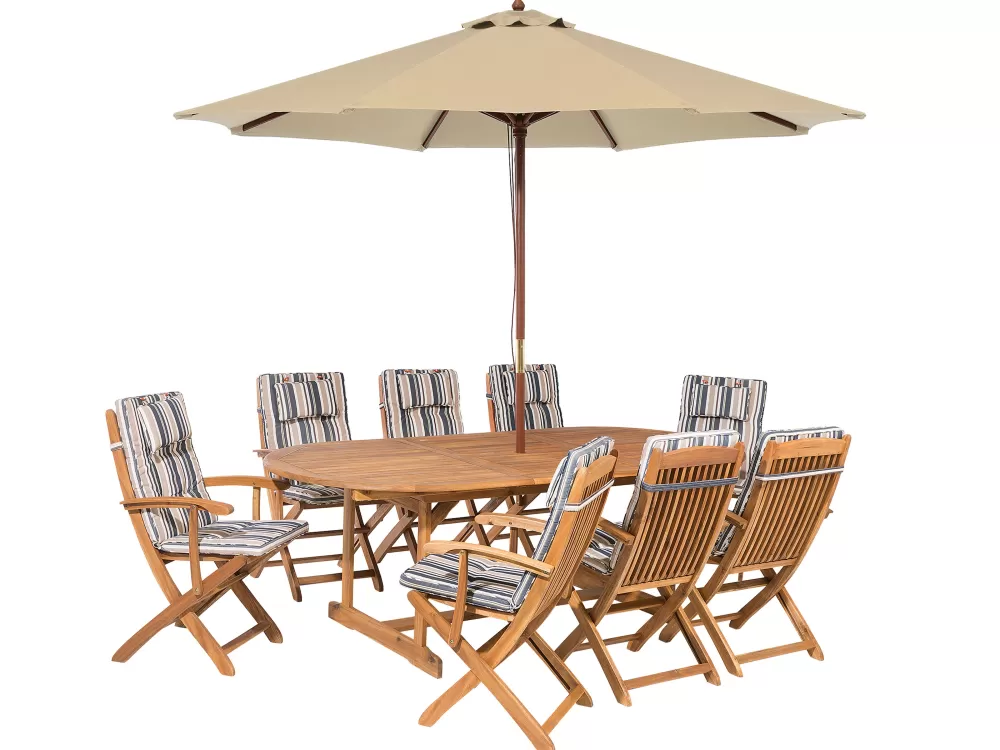 Set da Pranzo Esterno Elegante con Ombroncino in Legno di Acacia - 8 Posti Beige/Blu, Beliani Maui - Soluzione Pratica per Giardino

（，，，）