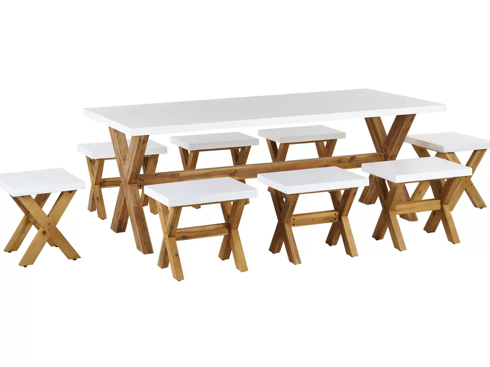 Set da Esterno Completo per 8 Persone con Sedie e Cuscini in Ecopelle Bianca - Sconti Fine Stock Olbia