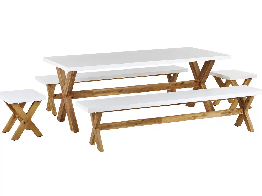 Beliani - Set da Pranzo Esterno con Panche e Sgabelli, 8 Posti, Bianco Olbia - Arredo Giardino Confortevole