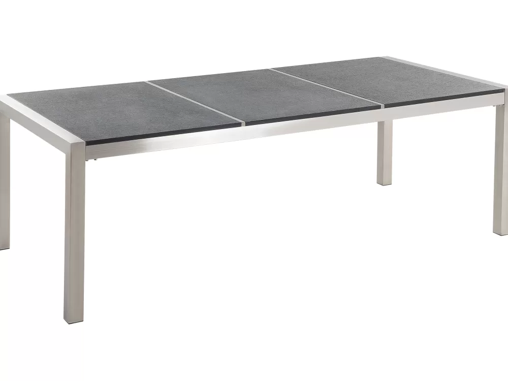 Set Grosseto Beliani - Tavolo in granito sinterizzato con 8 sedie esteriori in tessuto nero, arredamento da giardino resistente ed elegante
