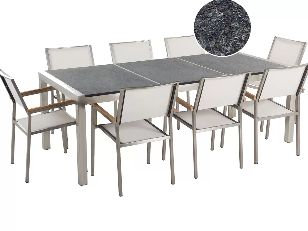Set da pranzo esterno Beliani per 8 persone con sedute comode, piano in granito lavorato e tessuti resistenti - Design moderno in tinta nero/bianco, collezione Grosseto