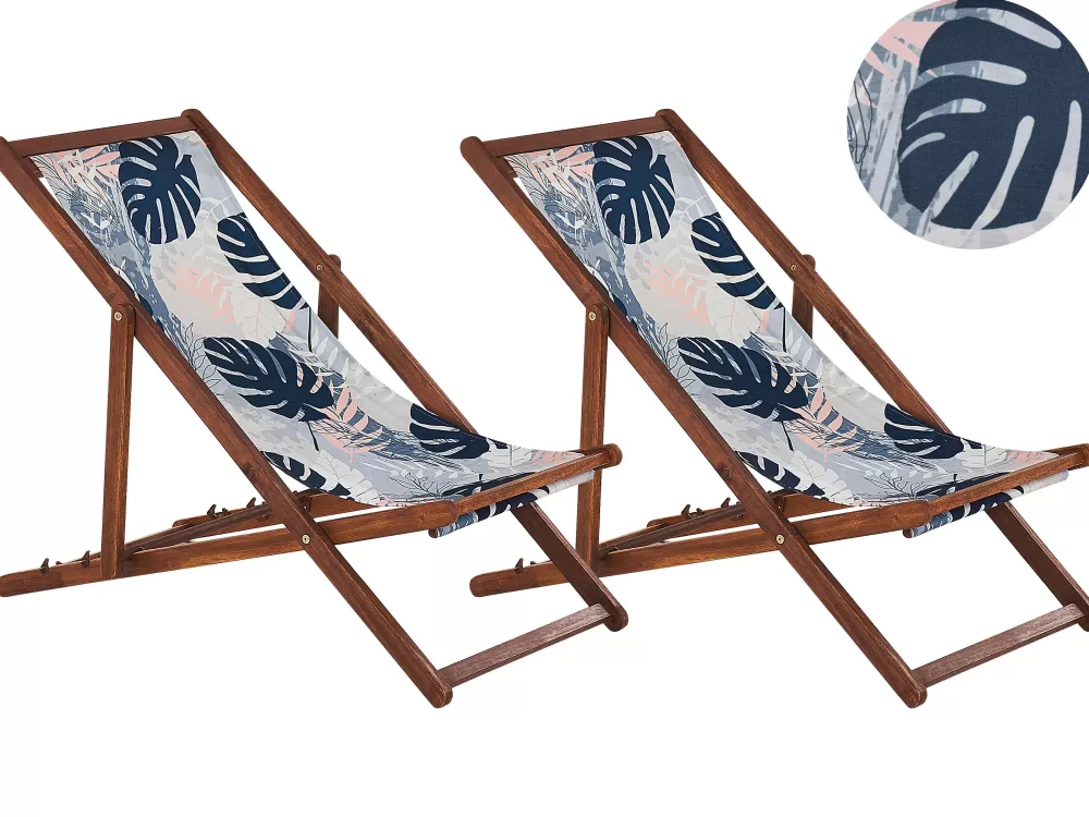Beliani Sedia a Sdraio per Esterni in Legno di Acacia Scuro - Rivestimenti Intercambiabili Bianco Naturale/Blu con Motivo Foglie di Palma (2 Pezzi) Anzio