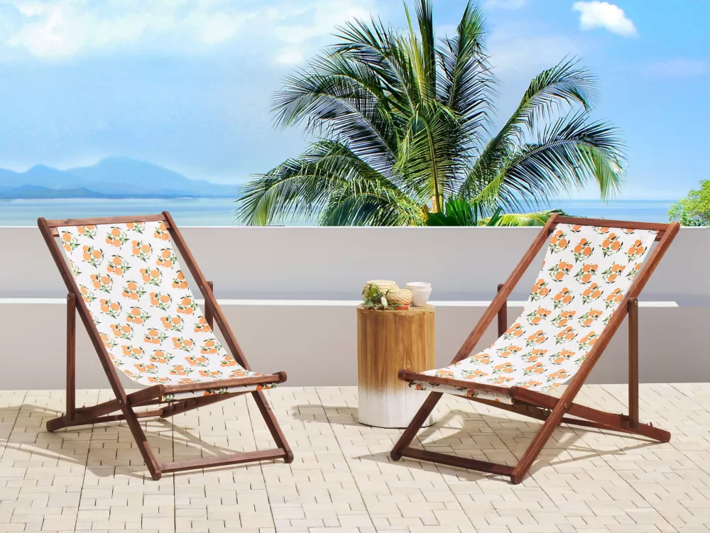 Sedia a sdraio Beliani in acacia scuro con rivestimenti intercambiabili - Bianco naturale/Bianco-arancio - Set da 2 pezzi Anzio 

(：，，