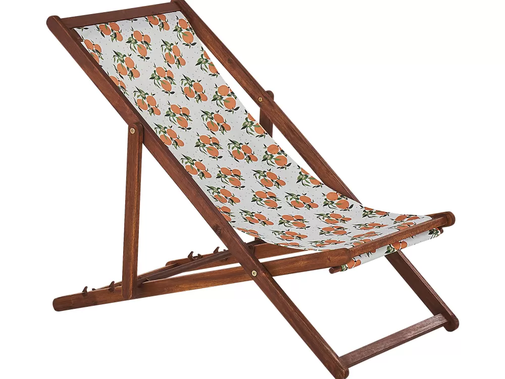 Sedia a sdraio Beliani in acacia scuro con rivestimenti intercambiabili - Bianco naturale/Bianco-arancio - Set da 2 pezzi Anzio 

(：，，