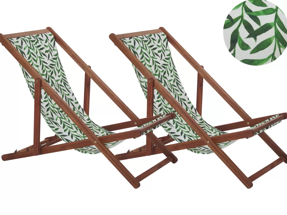 Beliani Sedia a Sdraio in Legno Acacia Scuro con Rivestimento Intercambiabile - Motivo Foglie Bianco Naturale e Verde Chiaro, Set da 2 Pezzi Modello Anzio per Esterni