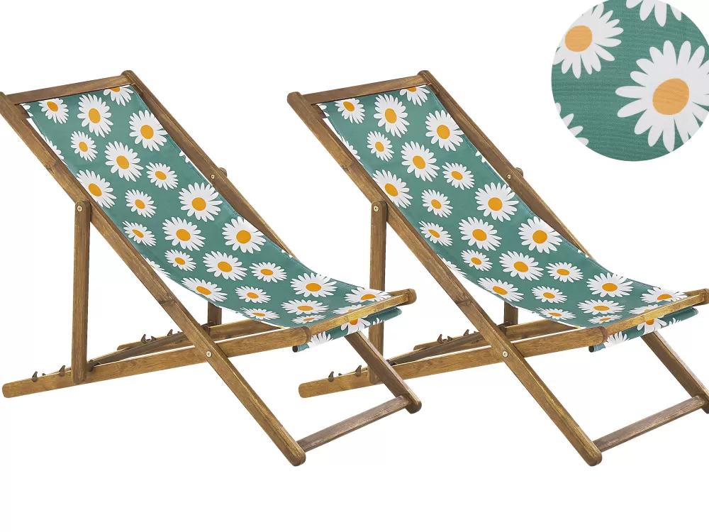 Sdraio da esterno Beliani in acacia chiaro con rivestimenti intercambiabili - Bianco naturale e motivo camomilla multicolore, confezione da 2 pezzi modello Anzio