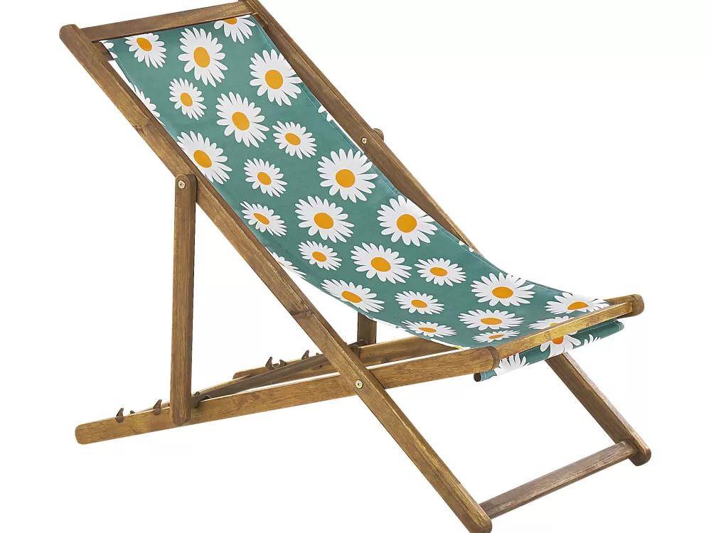 Sdraio da esterno Beliani in acacia chiaro con rivestimenti intercambiabili - Bianco naturale e motivo camomilla multicolore, confezione da 2 pezzi modello Anzio