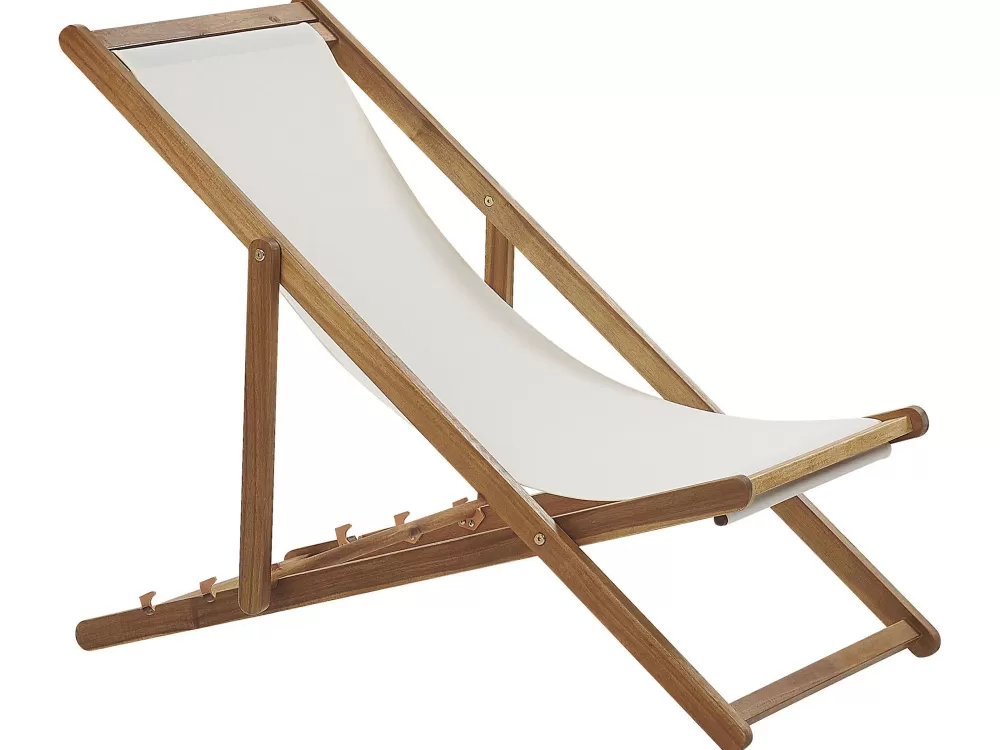 Sdraio da esterno Beliani in acacia chiaro con rivestimenti intercambiabili - Bianco naturale e motivo camomilla multicolore, confezione da 2 pezzi modello Anzio