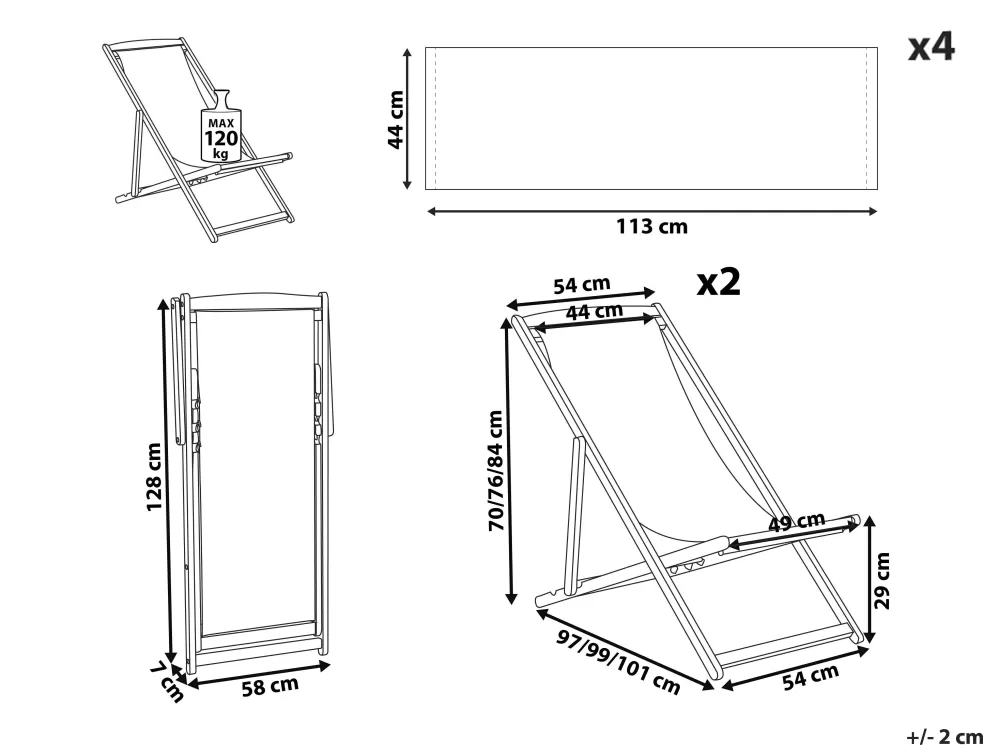 Beliani Poltrona Relax da Esterno in Legno di Acacia Chiaro con Tessuti Sostituibili (Bianco Naturale/Multicolore) e 2 Vassoi Inclusi - Modello Anzio