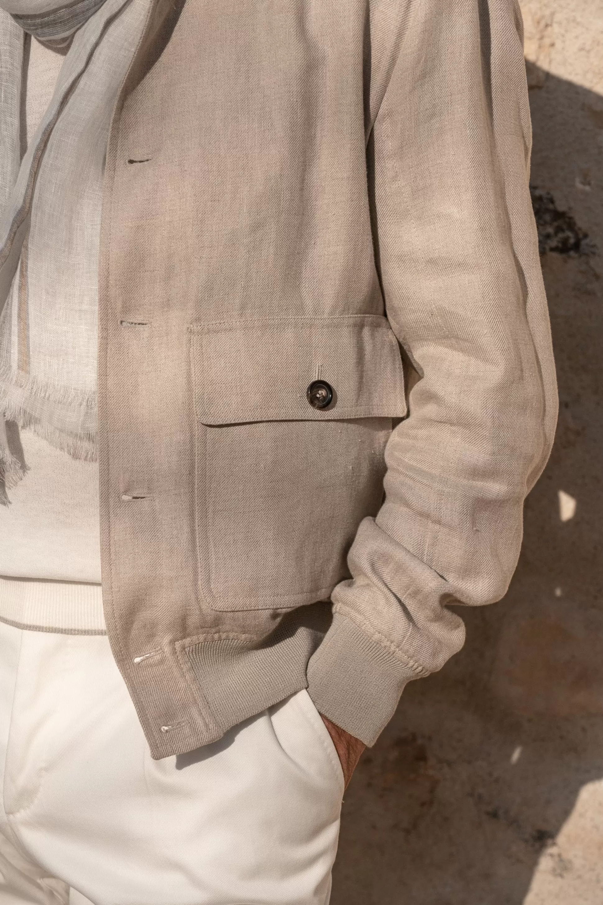 Giubbotto Bomber in Lino Beige Artigianale - Confezionato in Italia con Tessuti Premium | Sconti Esclusivi Pini Parma