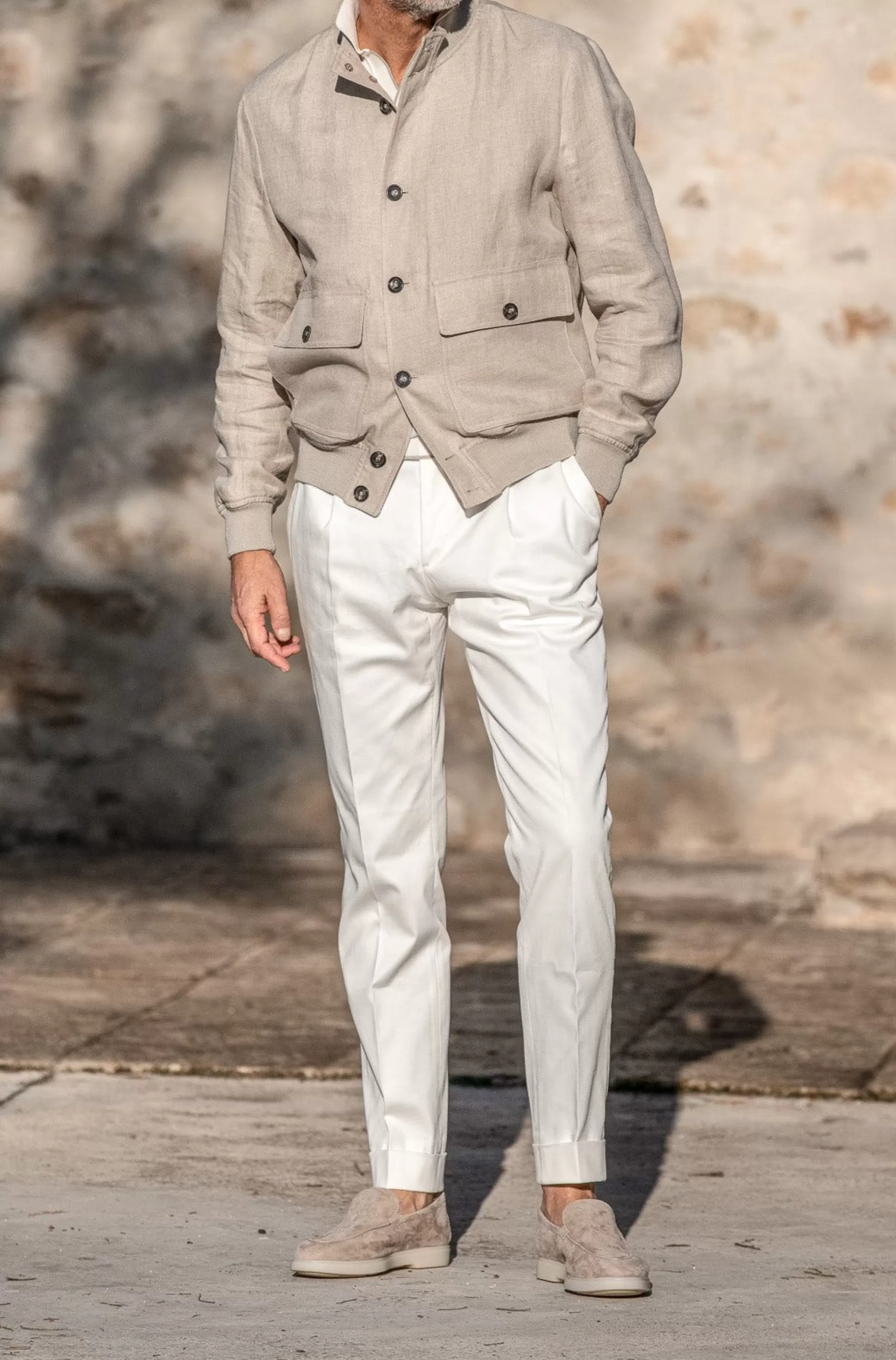 Giubbotto Bomber in Lino Beige Artigianale - Confezionato in Italia con Tessuti Premium | Sconti Esclusivi Pini Parma