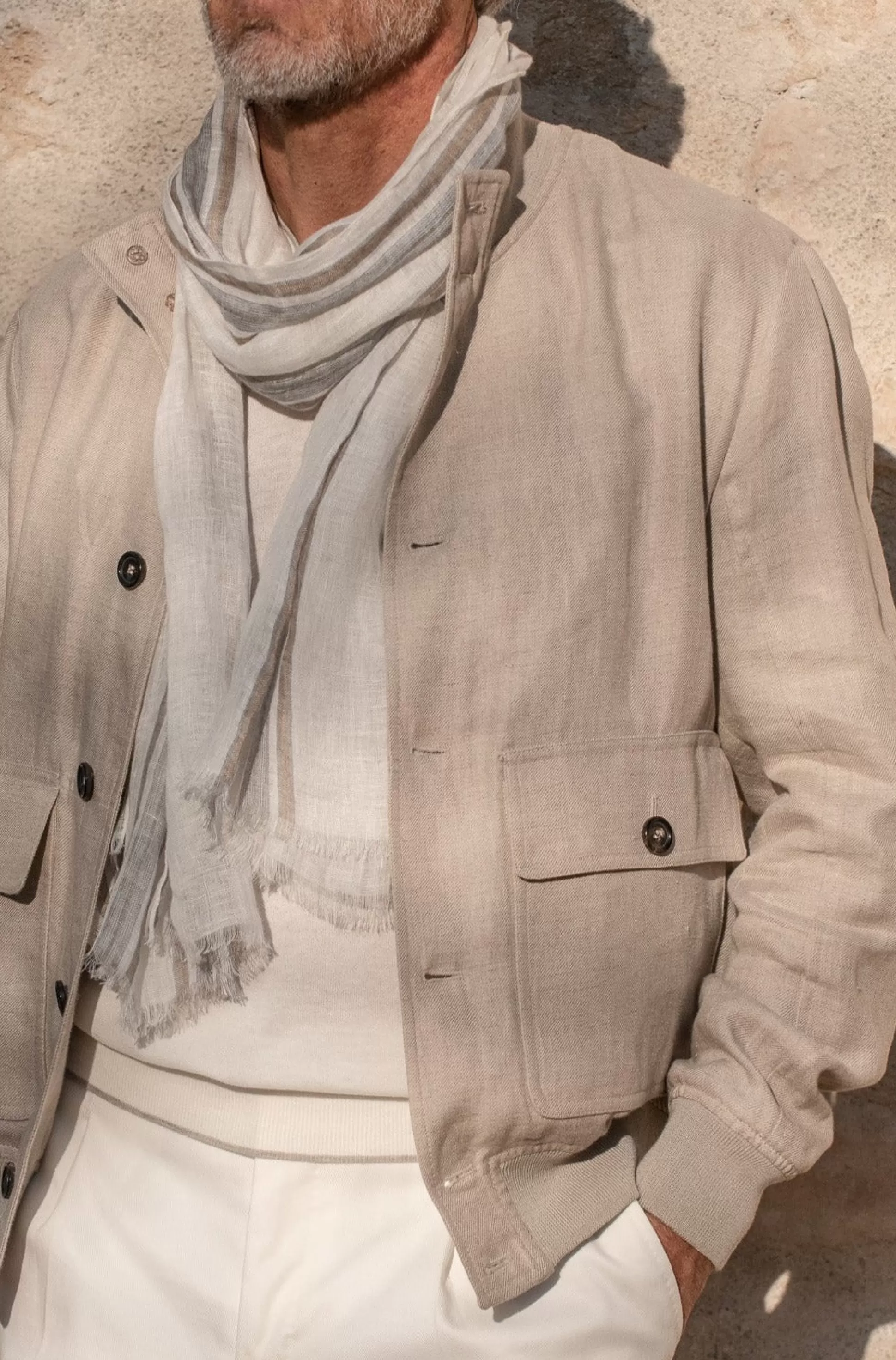 Giubbotto Bomber in Lino Beige Artigianale - Confezionato in Italia con Tessuti Premium | Sconti Esclusivi Pini Parma