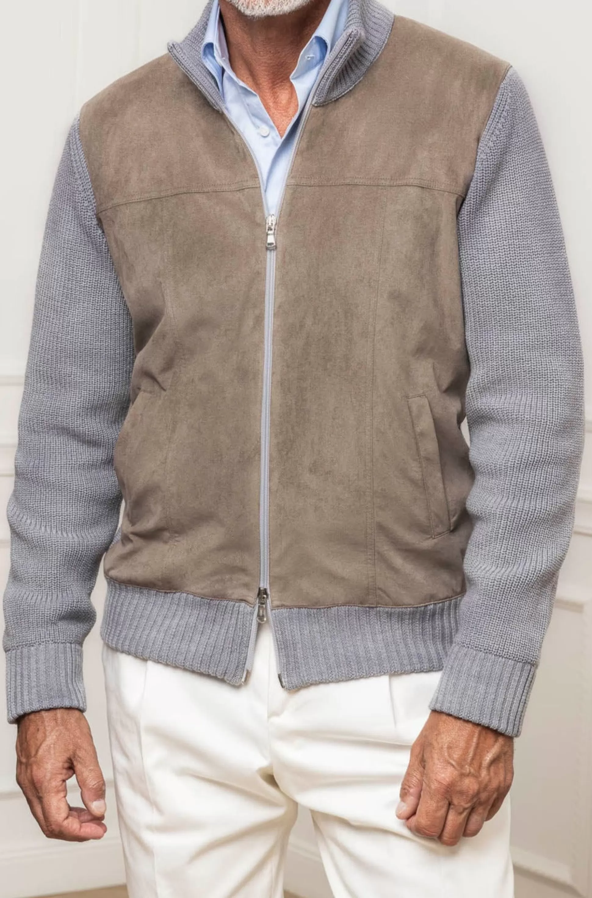 Cardigan Grigio e Taupe - Tessuto Premium in Alcantara con Lana - Prodotto Artigianalmente in Italia | Collezione Autunno Pini Parma