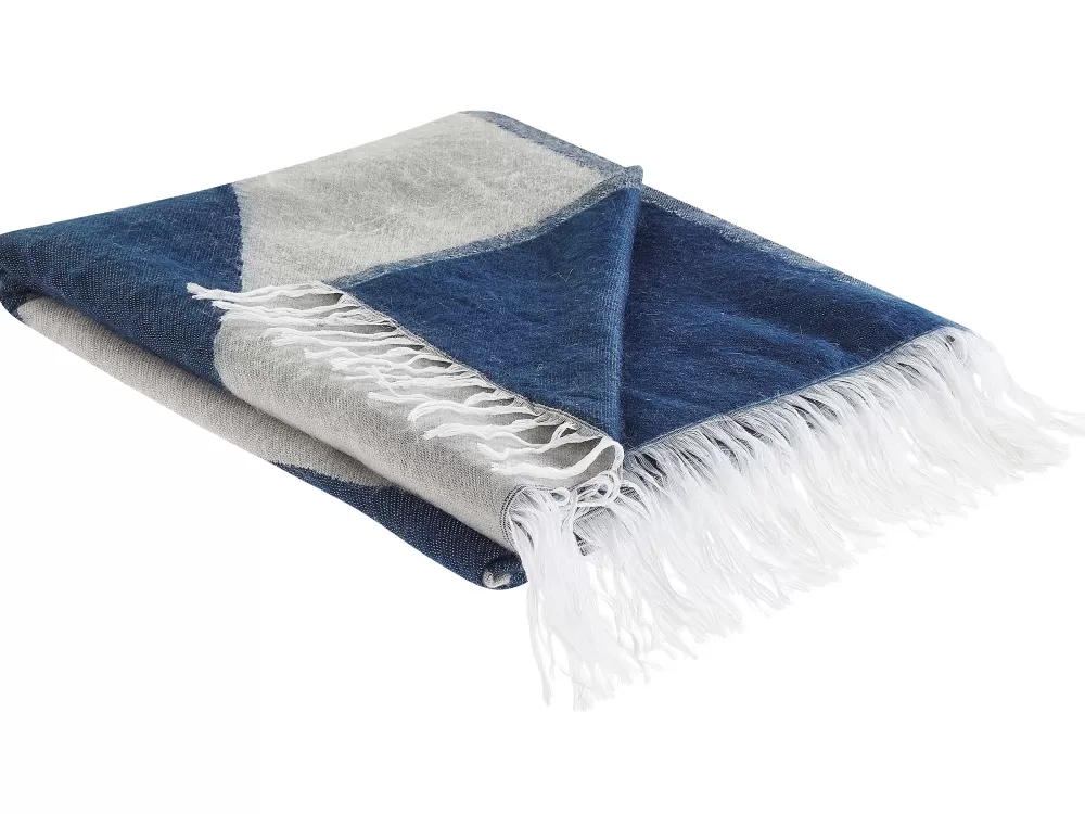 Beliani Coperta Morbida Beige con Bordi Blu, 130x170 cm - Plaid Accogliente in Pile per Soggiorno o Camera da Letto