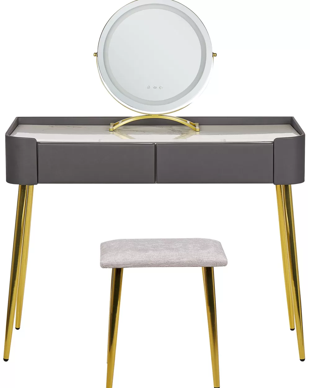 Cassettiera Elegante con Specchio LED, 2 Cassetti e Panchetta – Design Moderno in Grigio/Dorato, Beliani Surin