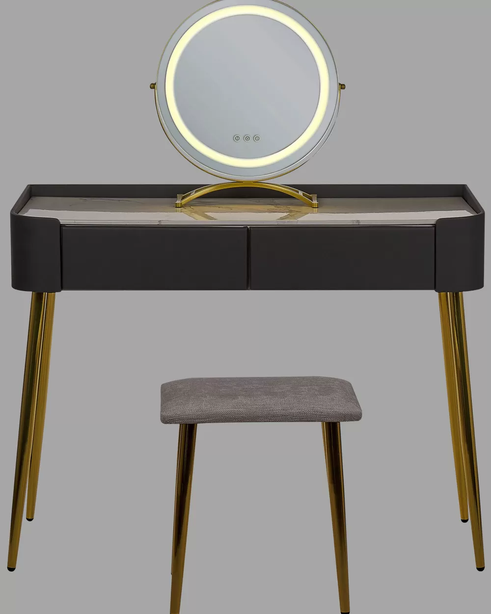 Cassettiera Elegante con Specchio LED, 2 Cassetti e Panchetta – Design Moderno in Grigio/Dorato, Beliani Surin