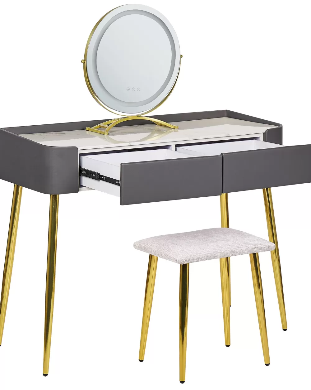 Cassettiera Elegante con Specchio LED, 2 Cassetti e Panchetta – Design Moderno in Grigio/Dorato, Beliani Surin
