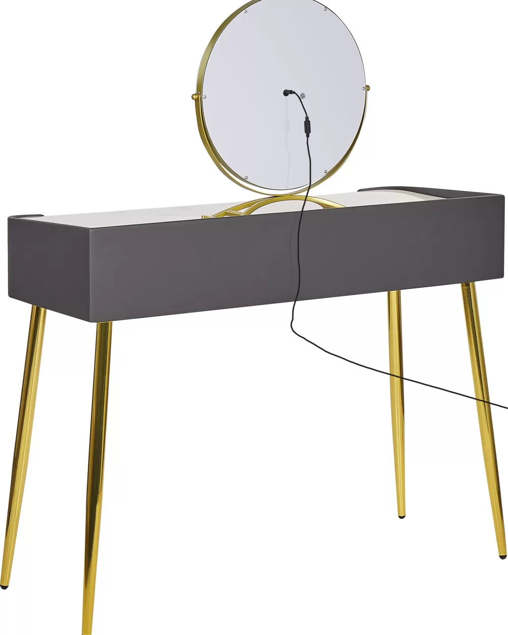 Cassettiera Elegante con Specchio LED, 2 Cassetti e Panchetta – Design Moderno in Grigio/Dorato, Beliani Surin