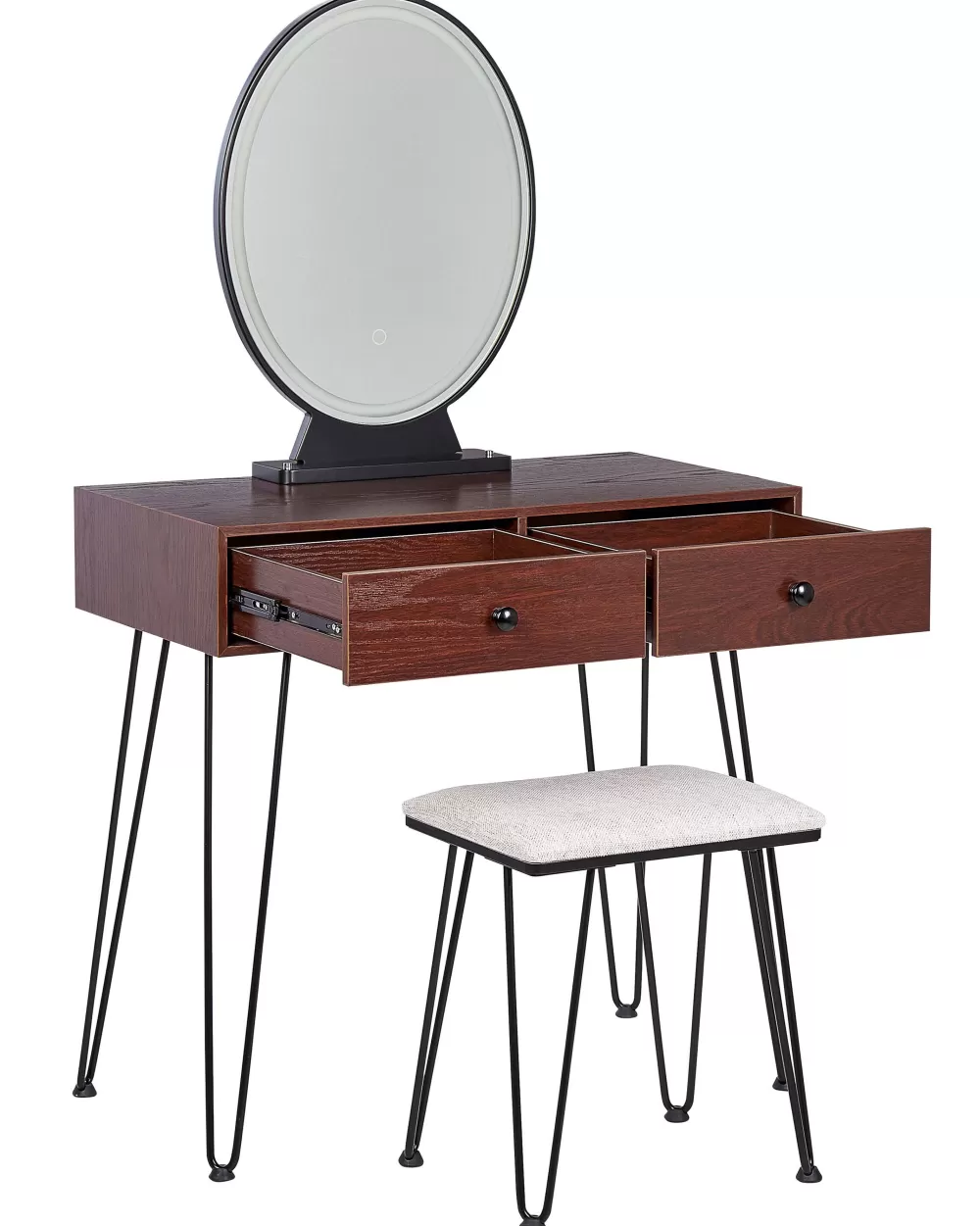 Offerta Lampo: Scrivania con Specchio LED e Pouf - Doppio Cassetto in Legno Scuro/Design Nero - Collezione Beliani Loix